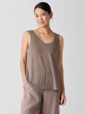 EILEEN FISHER 100% Organic Linen Jersey Knit Cocoa Brown Tank Top, Size L Large